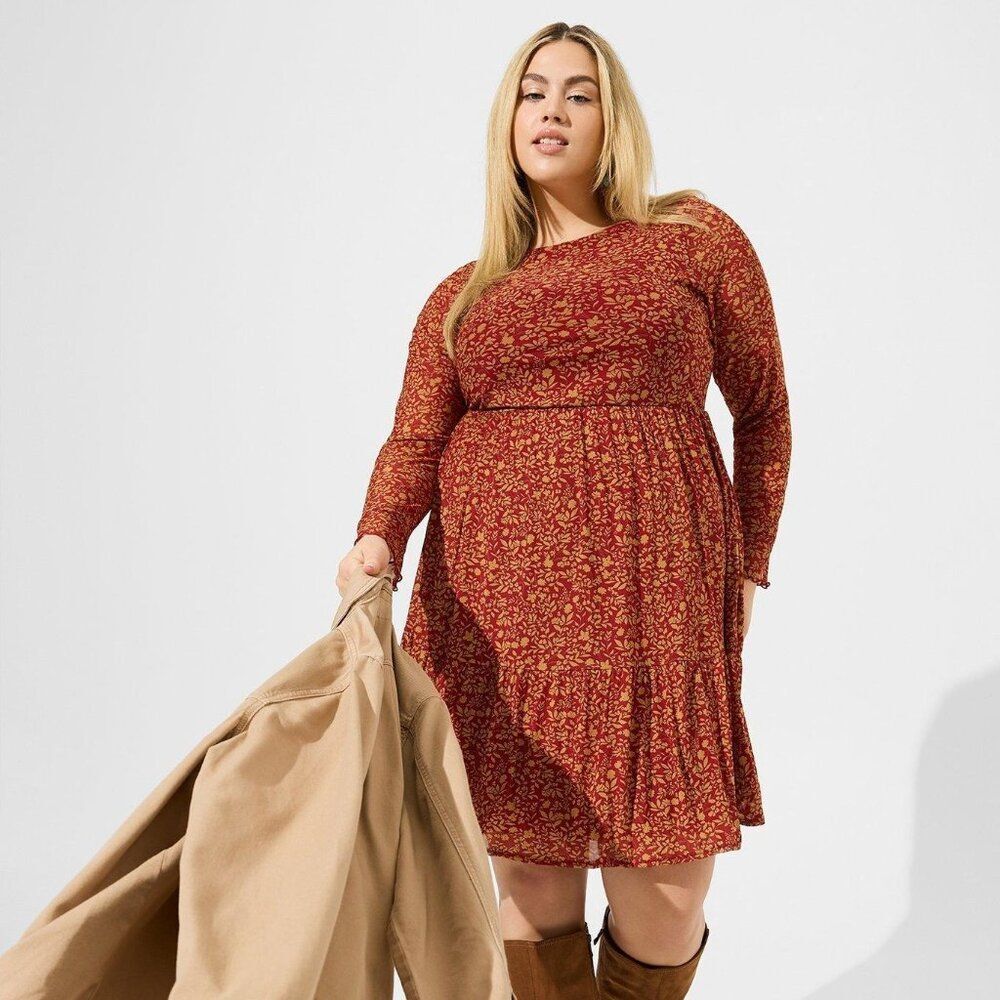 Torrid Dark Red Ruffled Mesh Gold Floral Long Sleeve Mini A Line Dress 1X 14/16